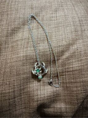 Silver Necklace with Green Gemstone Pendant - Women Jewelry